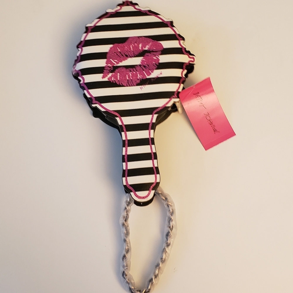Betsey Johnson Black and White Striped Clutch with Pink Lips